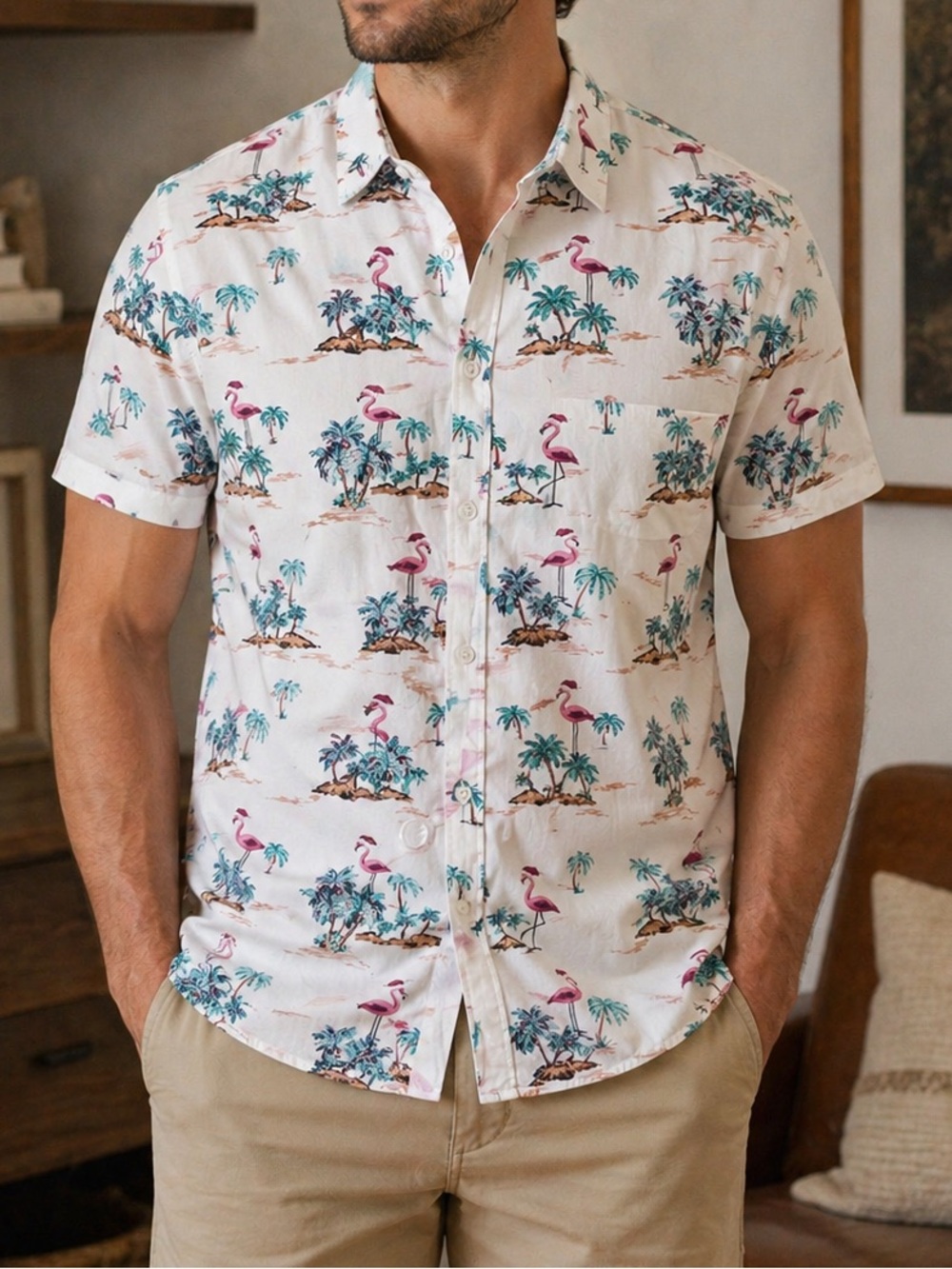 Men's Pink Tropical Flamingo Print Short-Sleeve Shirt